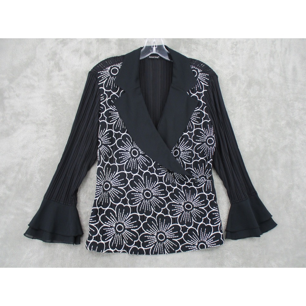 Samuel Dong Blouse Womens Medium Floral Embroidered Sheer Portrait Collar Black